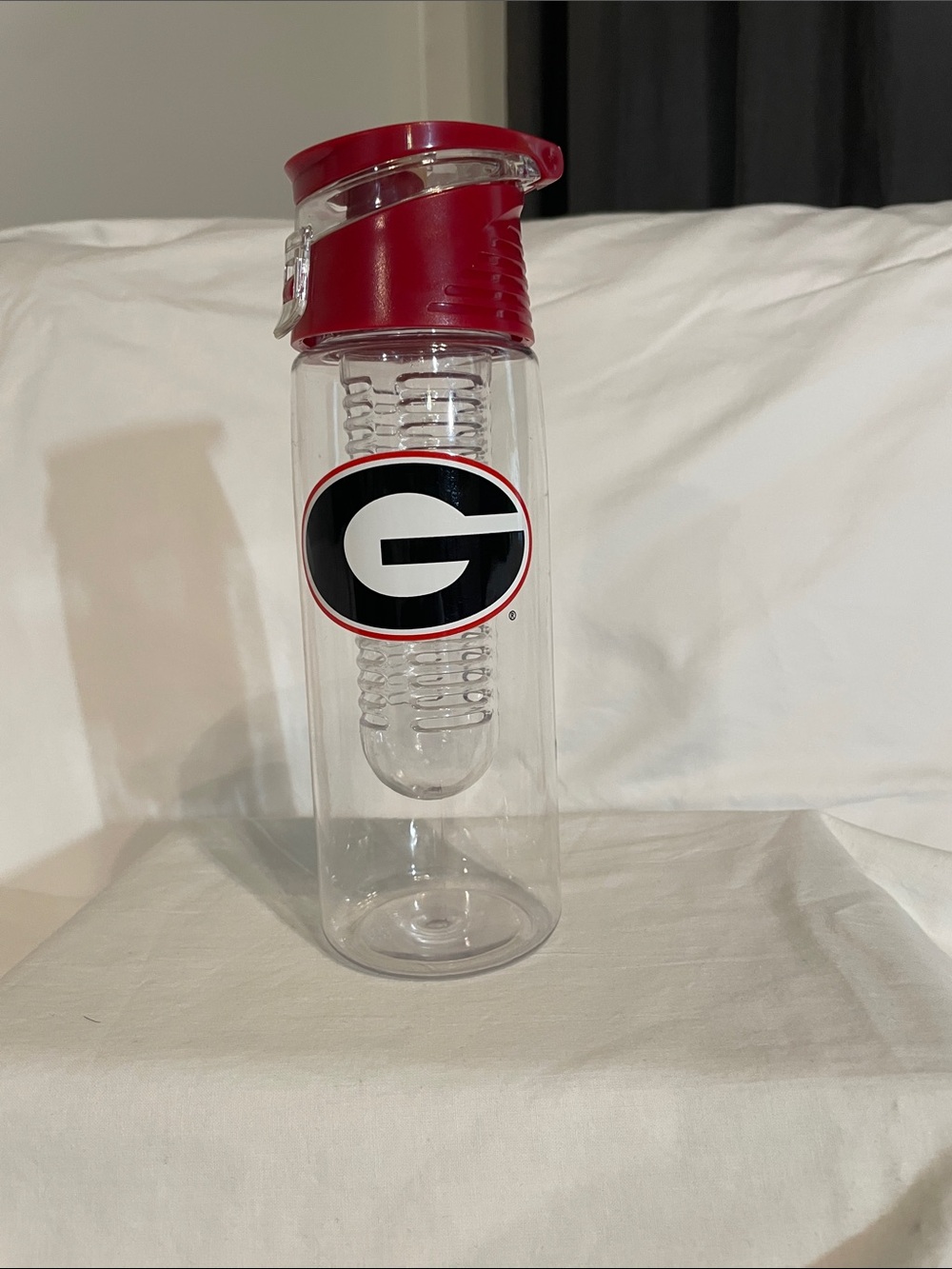 Clear Infuser Water Bottle with Red Lid and Team Logo